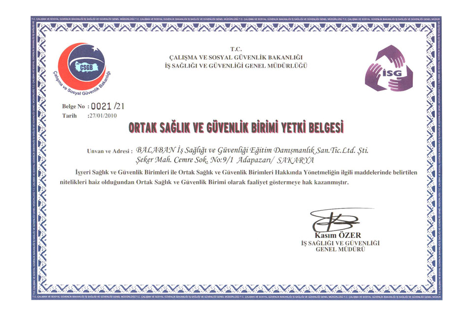 Ortak Sağlık ve Güvenlik Birimi Yetki Belgesi