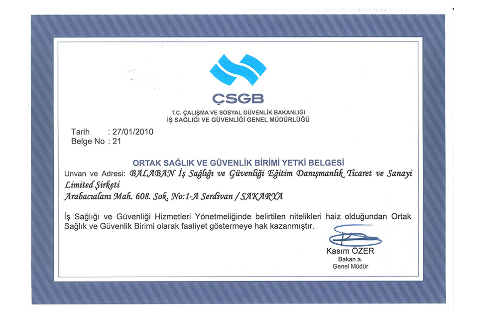 Ortak Sağlık ve Güvenlik Birimi Yetki Belgesi